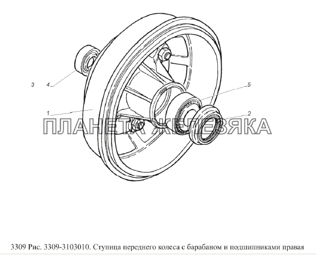 Ступица переднего колеса с барабаном и подшипниками правая ГАЗ-3309 (Евро 2)